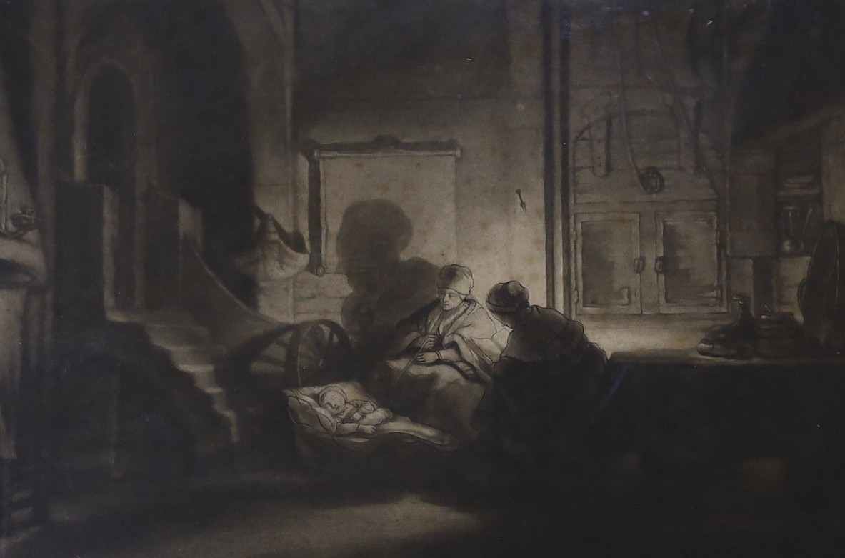 William Pether after Rembrandt, mezzotint, 'A Jew Rabbi', overall 53 x 39cm, another mezzotint after Rembrandt by McArdell and a pair of engravings of woodlanders